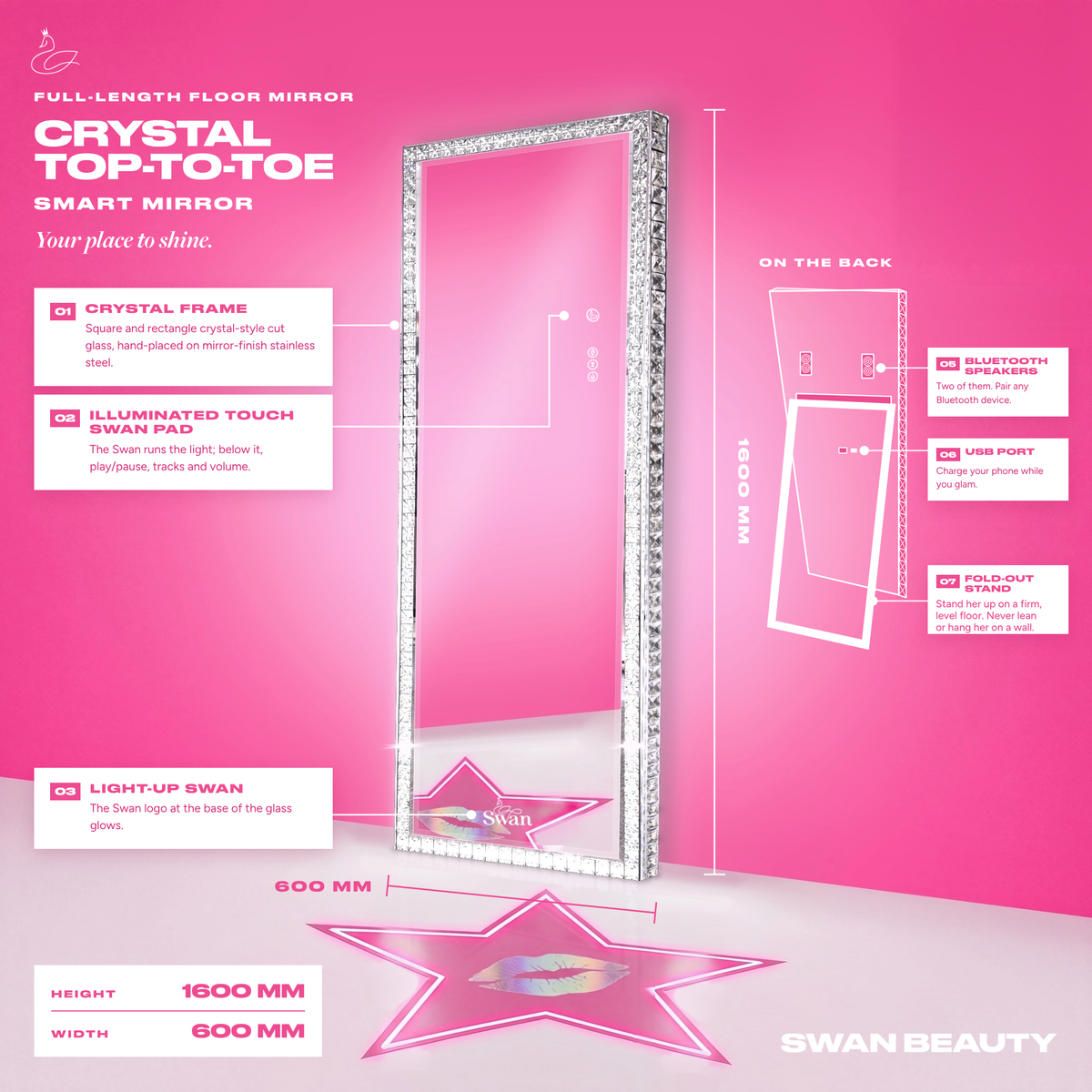 Crystal Top-to-Toe smart mirror features: crystal frame, touch Swan pad, Bluetooth speakers, USB port, fold-out stand (floor only, never lean or hang)