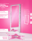 Crystal Top-to-Toe smart mirror features: crystal frame, touch Swan pad, Bluetooth speakers, USB port, fold-out stand (floor only, never lean or hang)