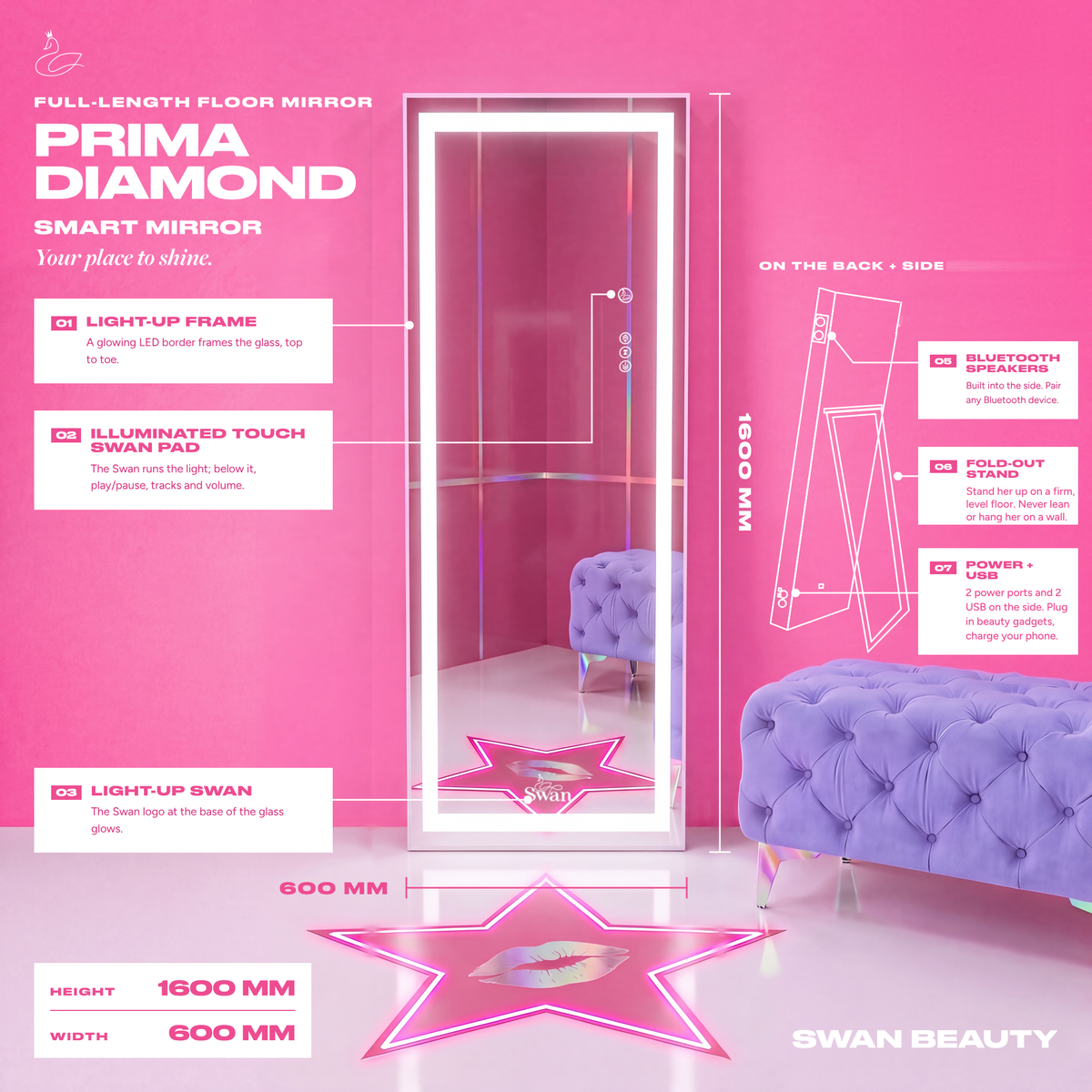 Prima Diamond smart mirror features: light-up frame, touch Swan pad, Bluetooth speakers, fold-out stand (floor only, never lean or hang), power and USB