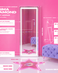 Prima Diamond smart mirror features: light-up frame, touch Swan pad, Bluetooth speakers, fold-out stand (floor only, never lean or hang), power and USB