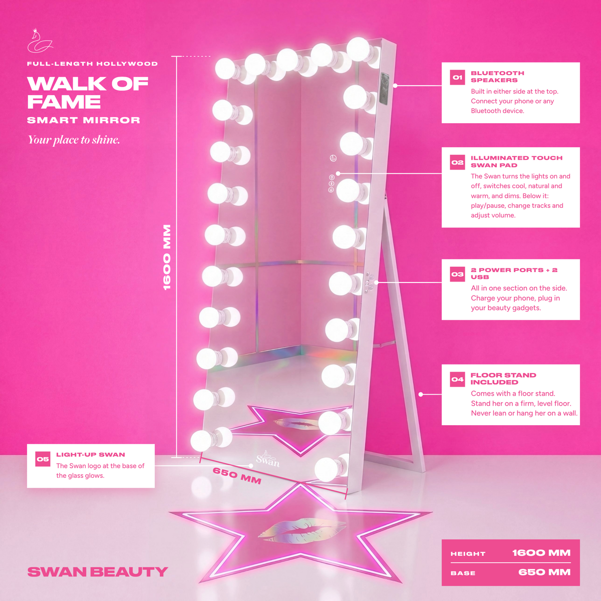 Walk of Fame smart mirror features: Bluetooth speakers, illuminated touch Swan pad, power points and USB, fold-out floor stand (floor only, never lean or hang)